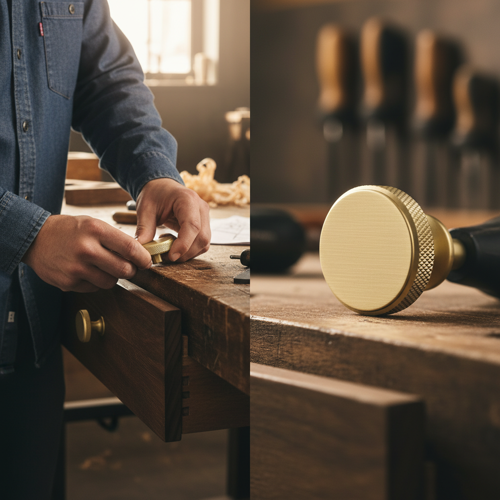 10 Pack Premium Knurled Edge Coin Knob 35mm - Brushed Brass Finish