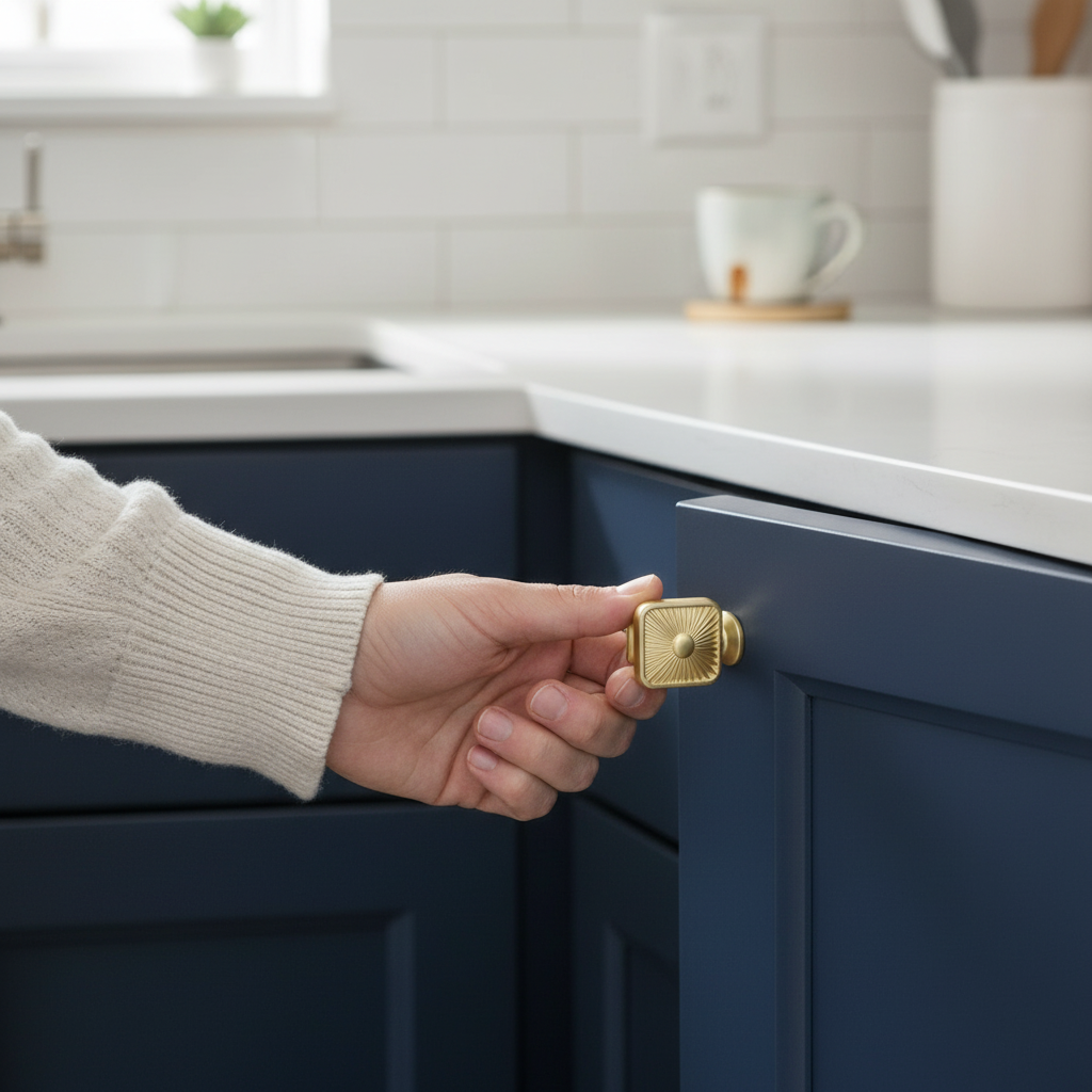 10 Pack Premium Modern Chic Ribbed Square Knobs 35mm Brushed Brass