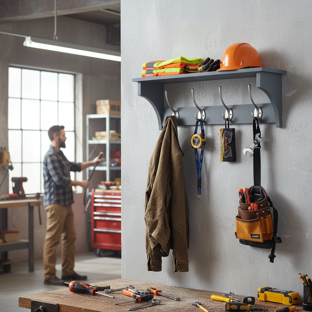 Premium Wall Mounted Coat Rack with Shelf - 56cm Grey Wood and Satin Nickel Hooks for Stylish Organization