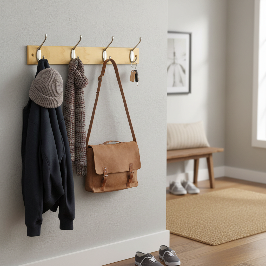 4-Hook Wall-Mounted Coat Rack - 450mm Pine Board with Double Chrome Hooks