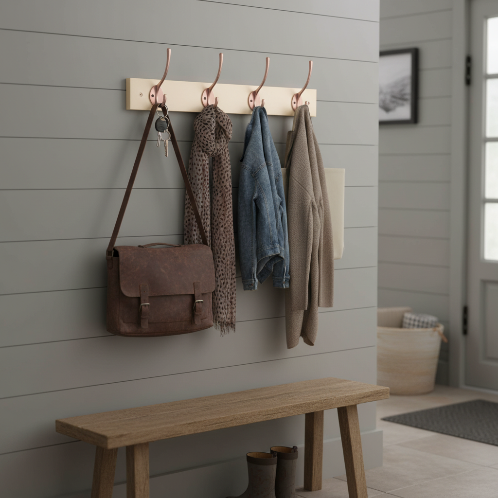 Premium Cream Wall Mounted Coat Rack with 4 Double Hooks - Stylish and Practical Storage Solution for Home and Office