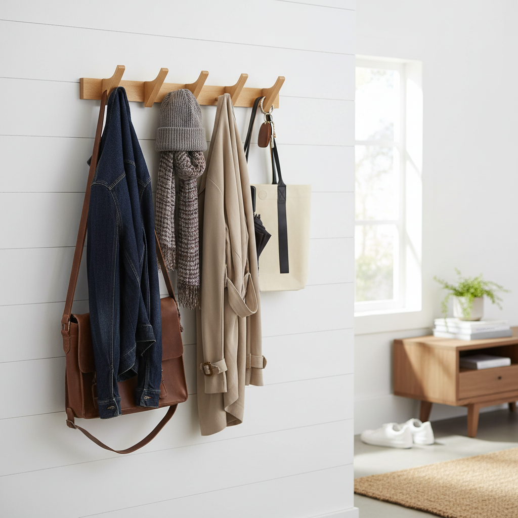 Premium Wall Mounted Coat Rack with 4 Double Hooks - Solid Beech Wood Design for Hallway, Bedroom, and Utility Spaces