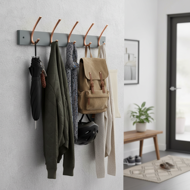 Premium 4 Hook Coat Rack with Polished Copper Double Hooks on Grey Wooden Board - Modern Wall-Mounted Storage Solution