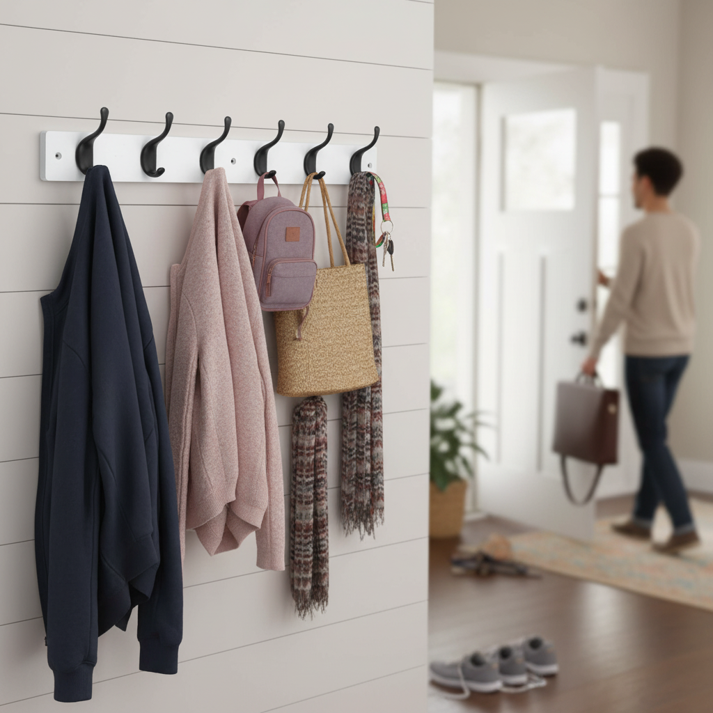 Premium White Wooden Wall Mounted Coat Rack with Black Modern Double Hooks - 6 Hooks for Home Organization