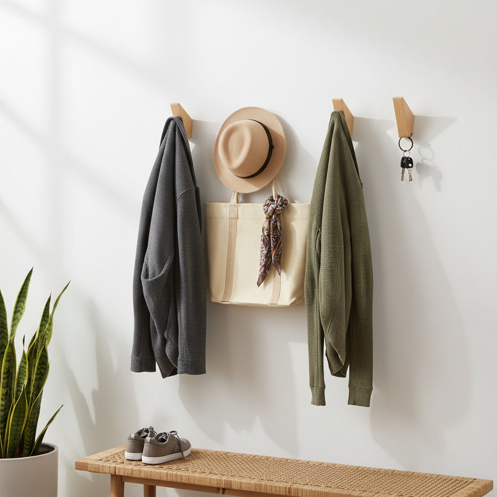 3 Premium Wall Mounted Hooks - 50mm Beech Wood Decorative Coat Hooks