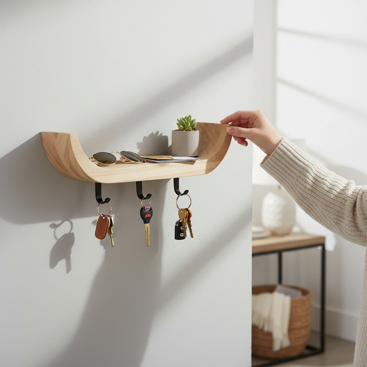 Premium Wall Mounted Key Holder with Curved Shelf and Three Discreet Hooks for Modern Entryway Organization