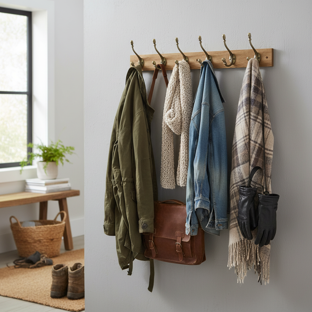Premium Rustic Wall-Mounted Coat Hook Rail 69cm with Wooden and Ceramic Hooks for Coats, Towels, and Bags