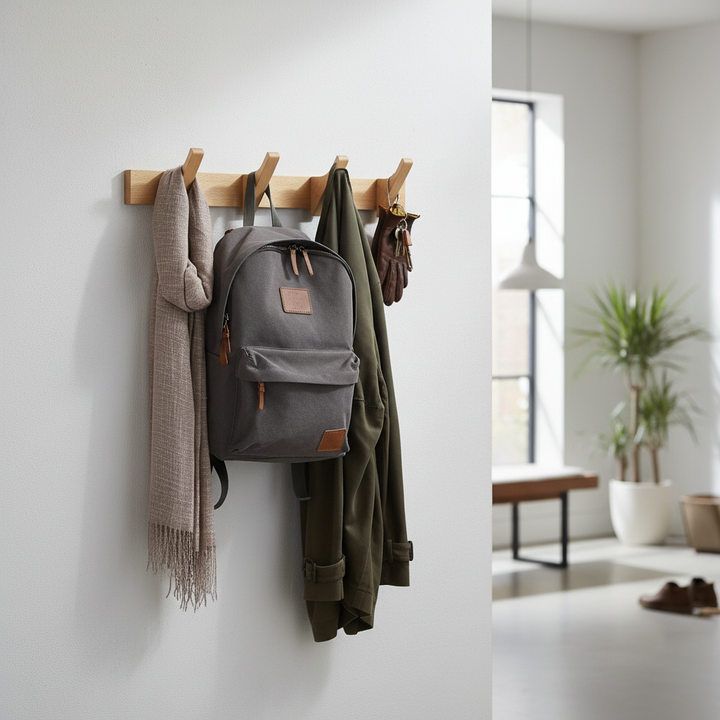 Premium Wall Mounted Coat Rack with 4 Double Hooks - Solid Beech Wood Design for Hallway, Bedroom, and Utility Spaces