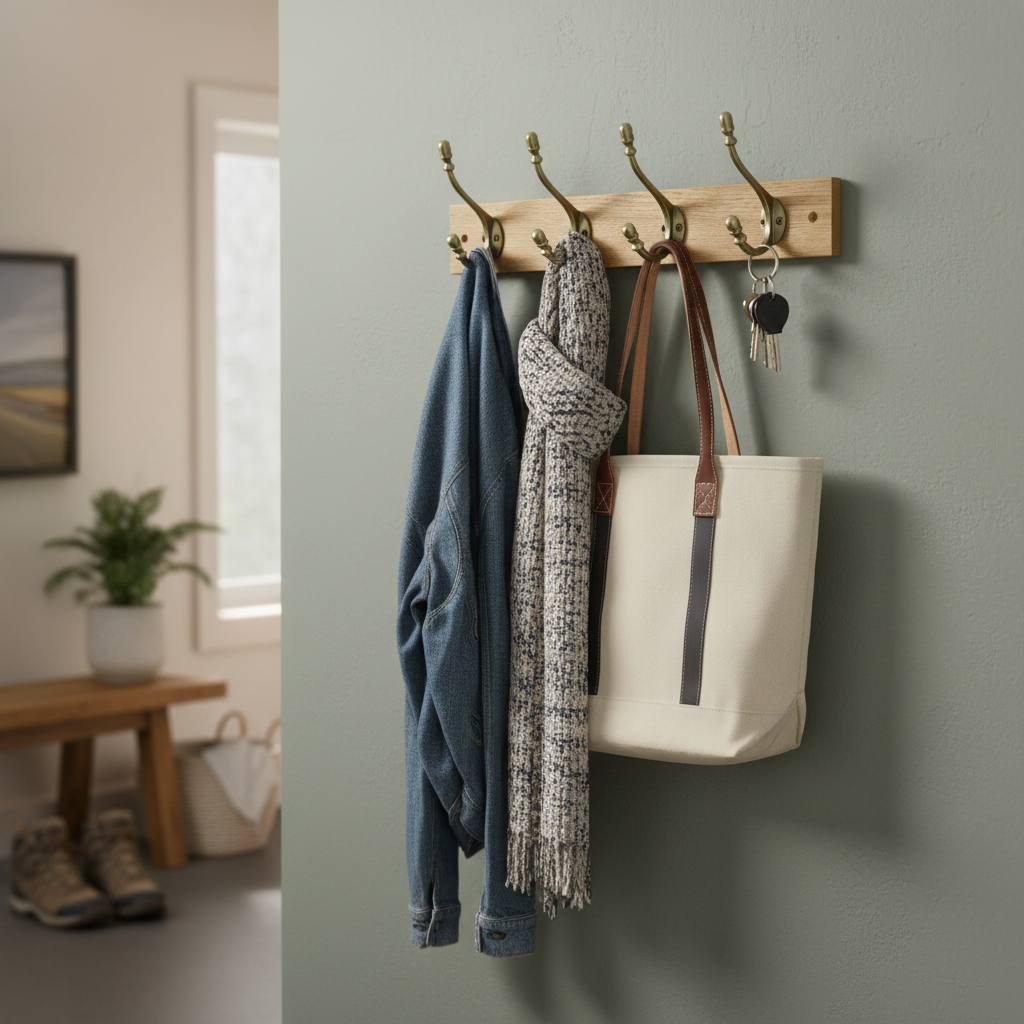 Premium Rustic Wall-Mounted Coat Hook Rail with 4 Ceramic Hooks for Coats, Towels, and Bags - Elegant Storage Solution