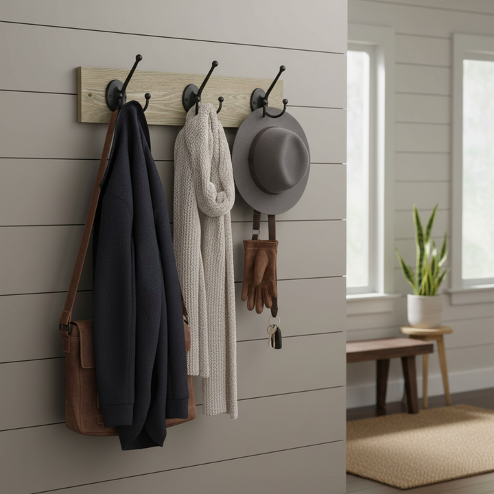 Premium Rustic Wall Mounted Coat Rack with Heavy Duty Iron Tri Hooks - 54cm Wide for Stylish Organization