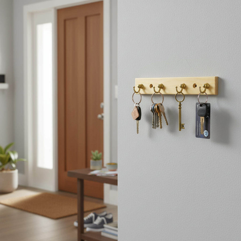 Premium Wall-Mounted Key Holder with 4 Hooks, Pine or Mahogany Effect, Lightweight and Eco-Friendly Design for Organizing Keys and Small Items