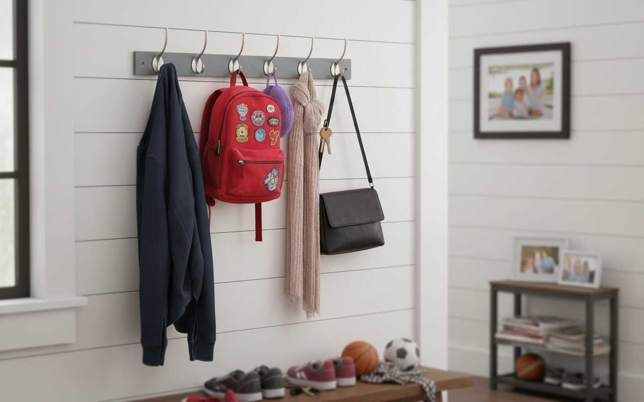 Slate Grey Wall Mounted Coat Rack with 6 Double Hooks - Stylish & Practical