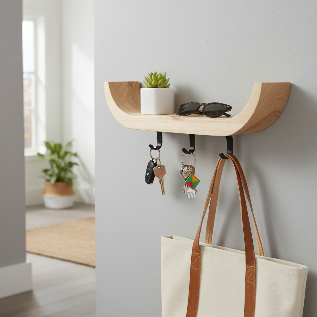 Premium Wall Mounted Key Holder with Curved Shelf and Three Discreet Hooks for Modern Entryway Organization