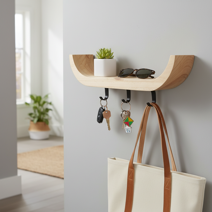 Premium Wall Mounted Key Holder with Curved Shelf and Three Discreet Hooks for Modern Entryway Organization