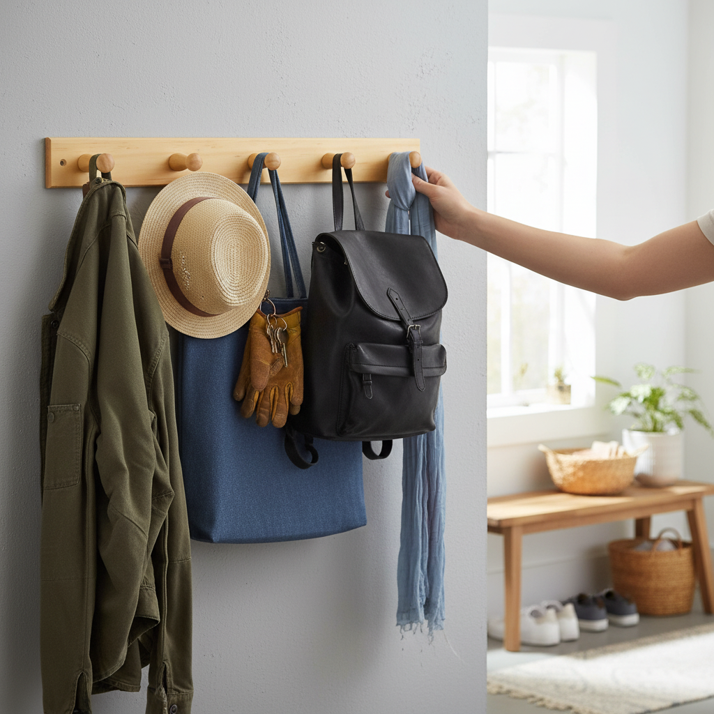 Premium Wall-Mounted Wooden Coat Hook Rack with 4 Sturdy Hooks for Coats, Jackets, Hats, and Bags - Durable Bamboo Design