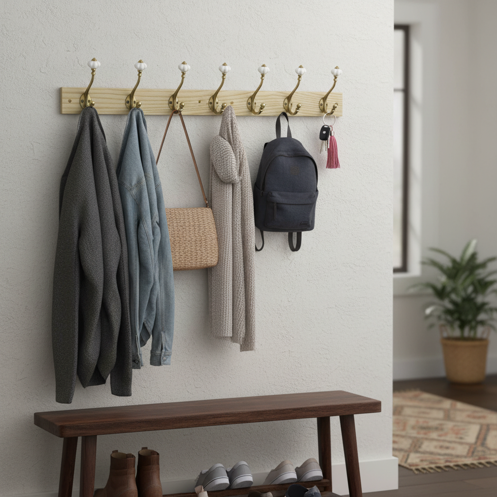 Premium Victorian-Style Wall-Mounted Coat Hook Rail with 6 Wooden & Ceramic Hooks - 46 cm Length for Home Entryway Decor