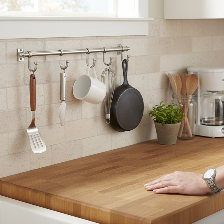 Premium Wall-Mounted Kitchen Rail with 4 Hooks for Utensils and Mugs – Durable Satin Nickel Finish