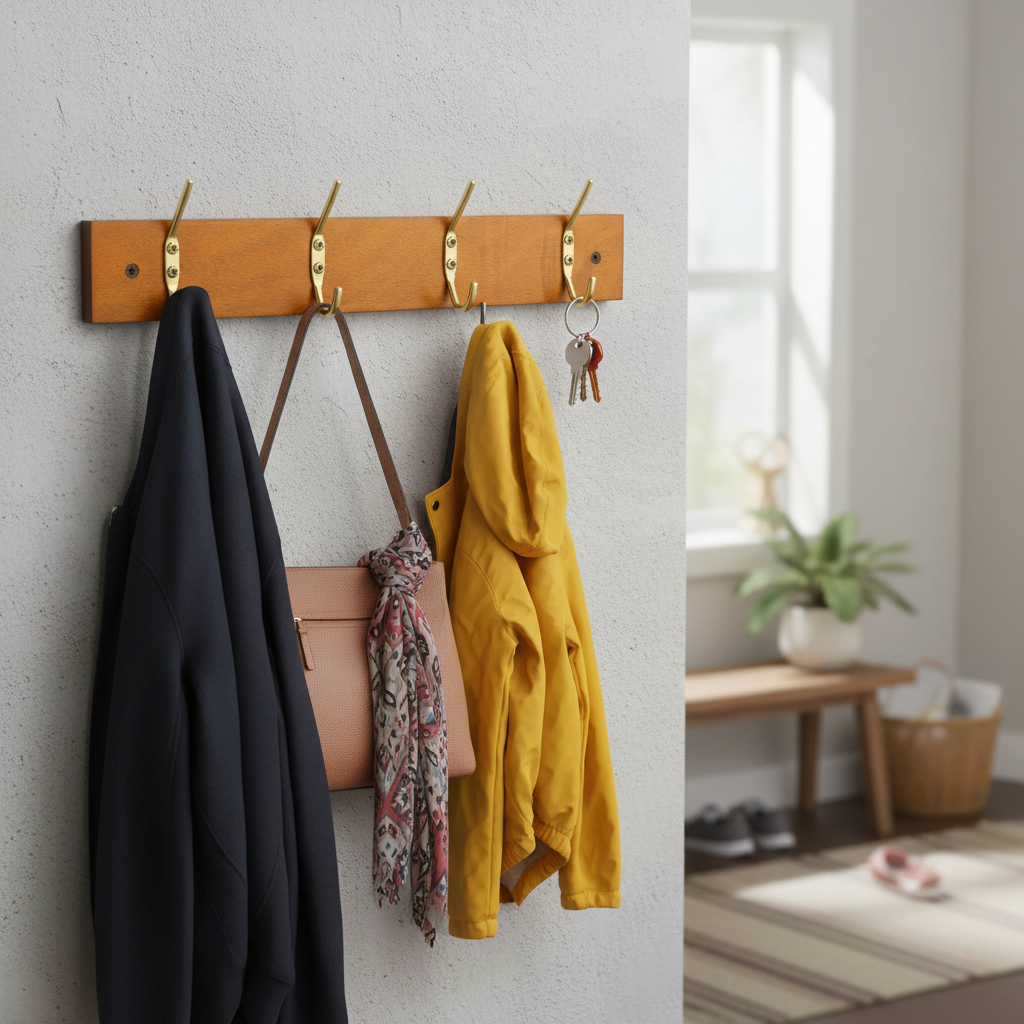 Premium Minimalist Modern Wall-Mounted Coat Rack with Double-Tiered Hooks, 38cm Pine Wooden Board for Efficient Storage