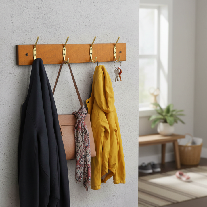 Premium Minimalist Modern Wall-Mounted Coat Rack with Double-Tiered Hooks, 38cm Pine Wooden Board for Efficient Storage
