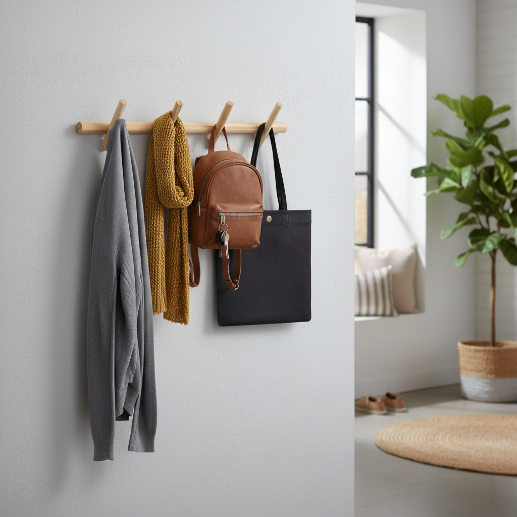 Premium Floating Wooden Wall Mounted Coat Rack with 4 Hooks - Modern Pine Design for Space-Saving Organization