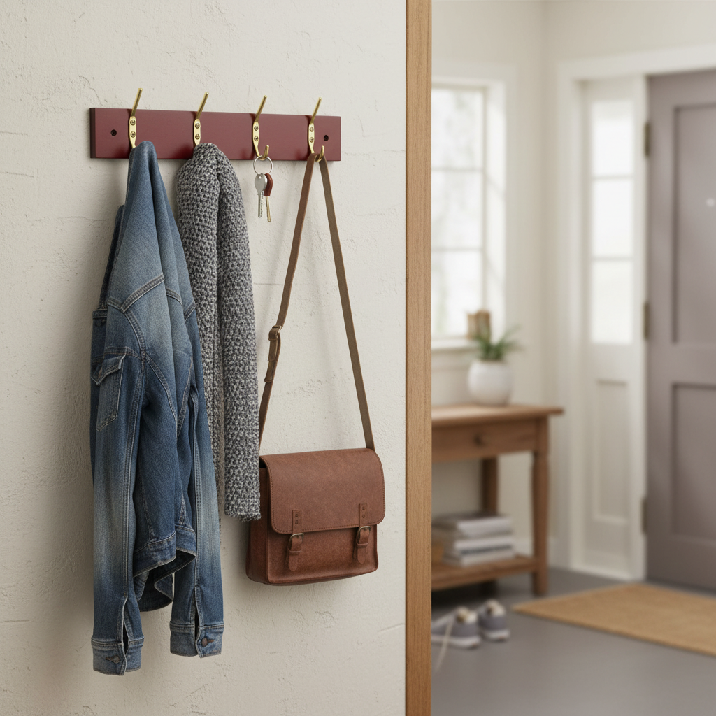 4-Hook Wall Mounted Coat Rack - Premium Mahogany Effect, Brass Hooks