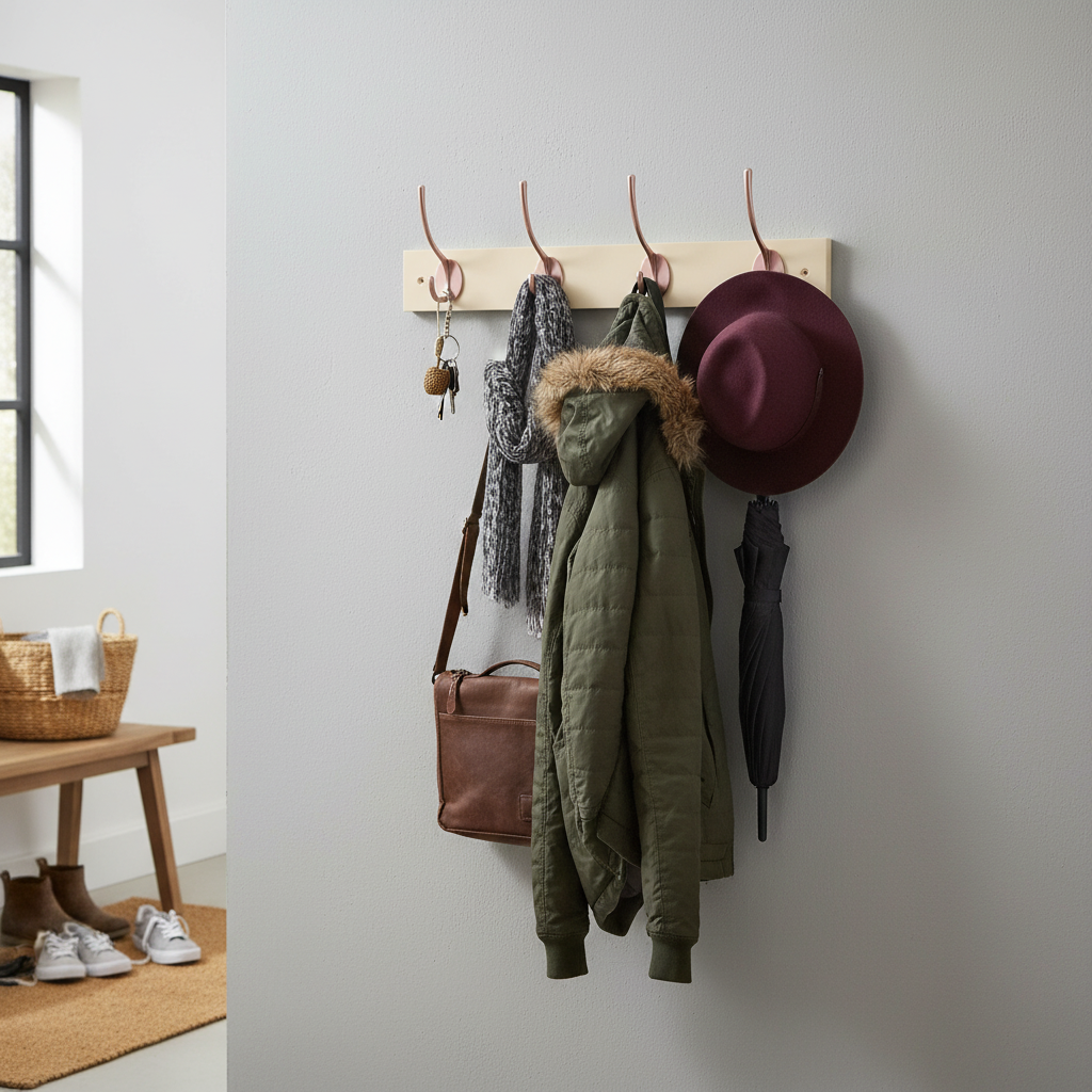 Premium Cream Wall Mounted Coat Rack with 4 Double Hooks - Stylish and Practical Storage Solution for Home and Office