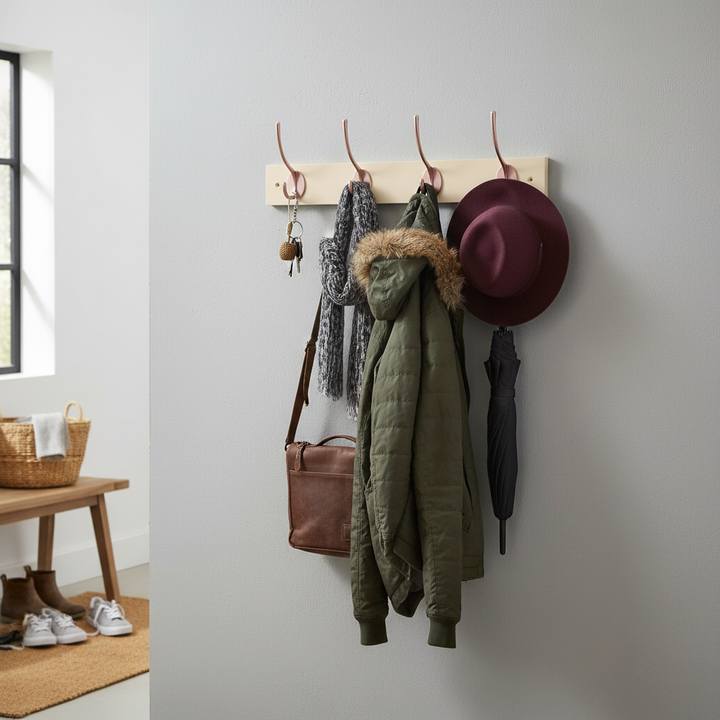 Premium Cream Wall Mounted Coat Rack with 4 Double Hooks - Stylish and Practical Storage Solution for Home and Office