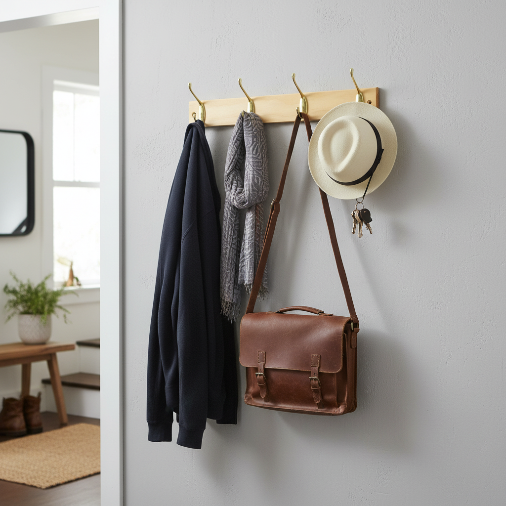 4-Hook Wall Mounted Coat Rack - 450mm Pine Board with Double Brass Hooks