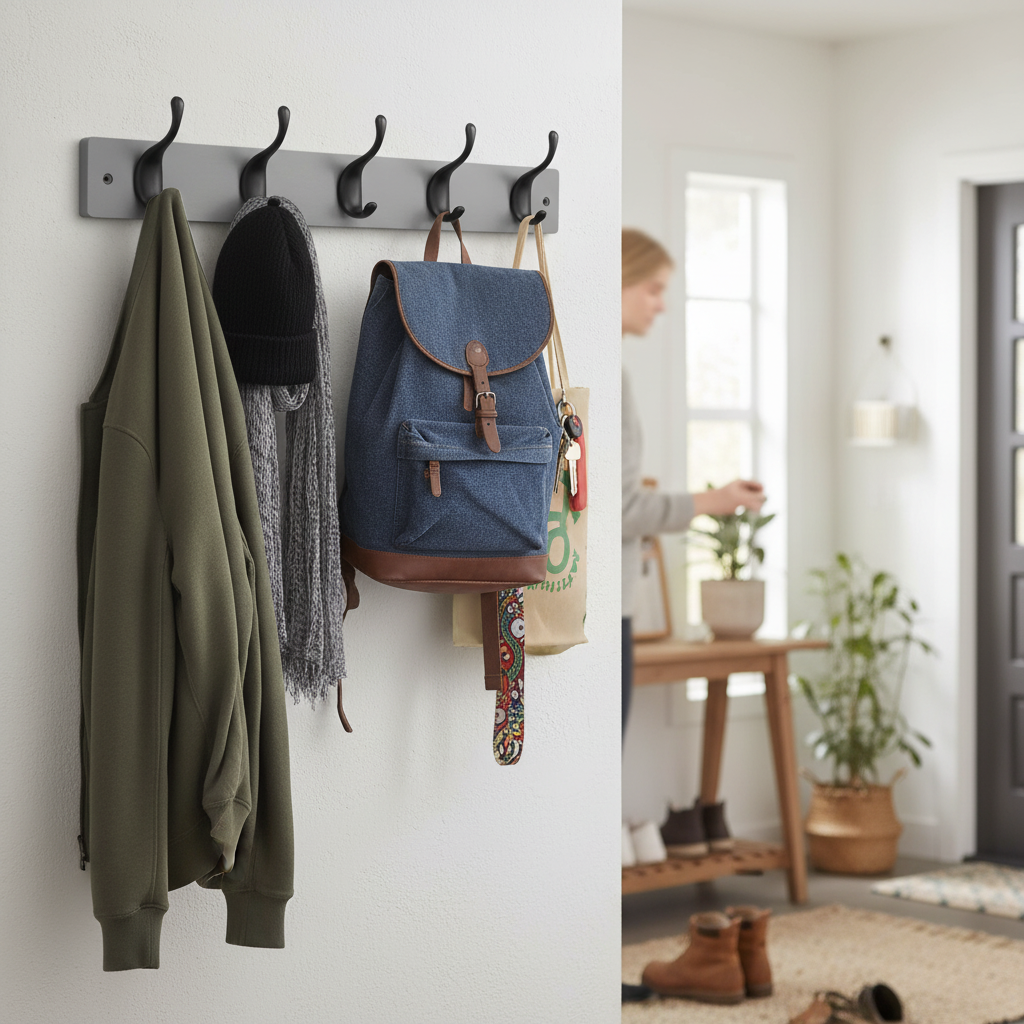 Premium Grey Block Wooden Wall Mounted Coat Rack with Black Double Hooks - 4 Hooks for Stylish Organization