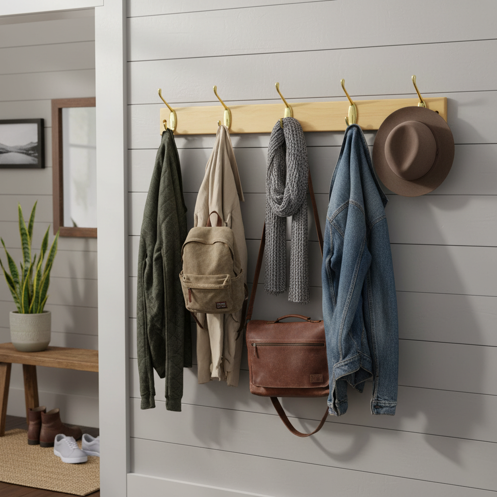 4-Hook Wall Mounted Coat Rack - 450mm Pine Board with Double Brass Hooks