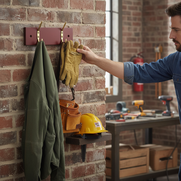 Premium Wall Mounted Coat Rack with 2 Hooks, Mahogany Effect Board and Brass Hooks for Stylish Storage