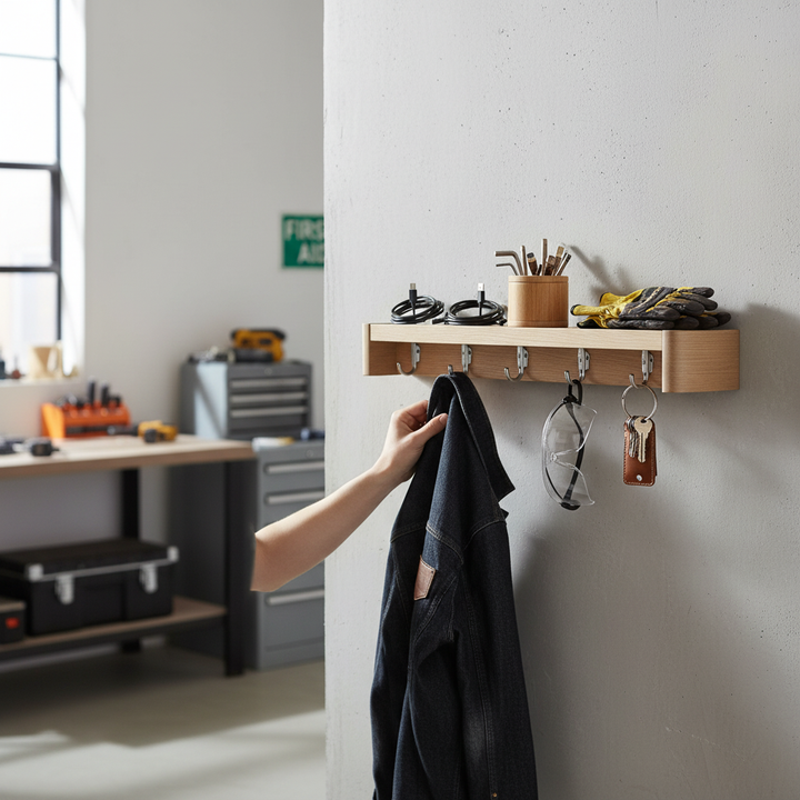 Premium Wooden Wall Coat Rack with 4 Hidden Hooks and Floating Shelf for Modern Interiors