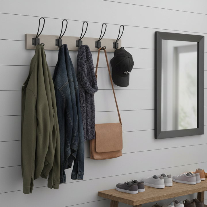 Premium Grey Ash Wooden Wall Mounted Coat Rack with 4 Black Wire Double Hooks for Efficient Organization