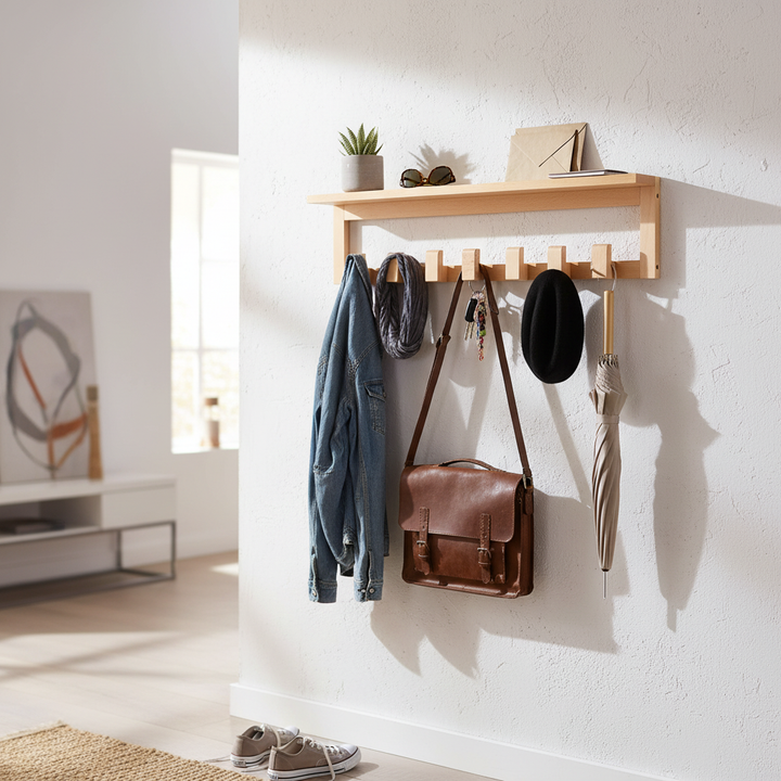 Premium Wooden Wall Mounted Coat Rack with Shelf and 6 Sturdy Hooks for Outerwear and Essentials Organization