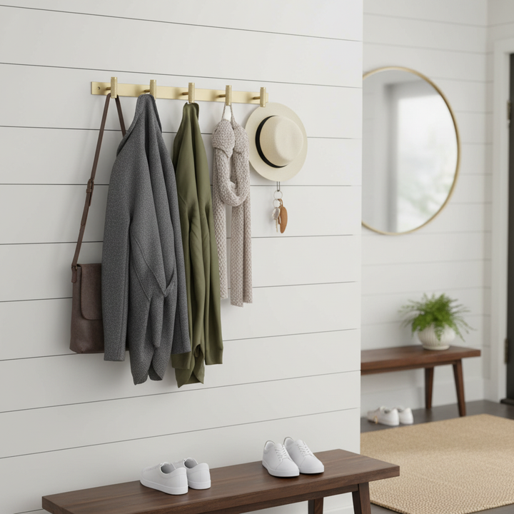 Premium Aluminium Wall Mounted Coat Rack with 4 Knurled Hooks and Brushed Brass Finish - Perfect for Home or Office