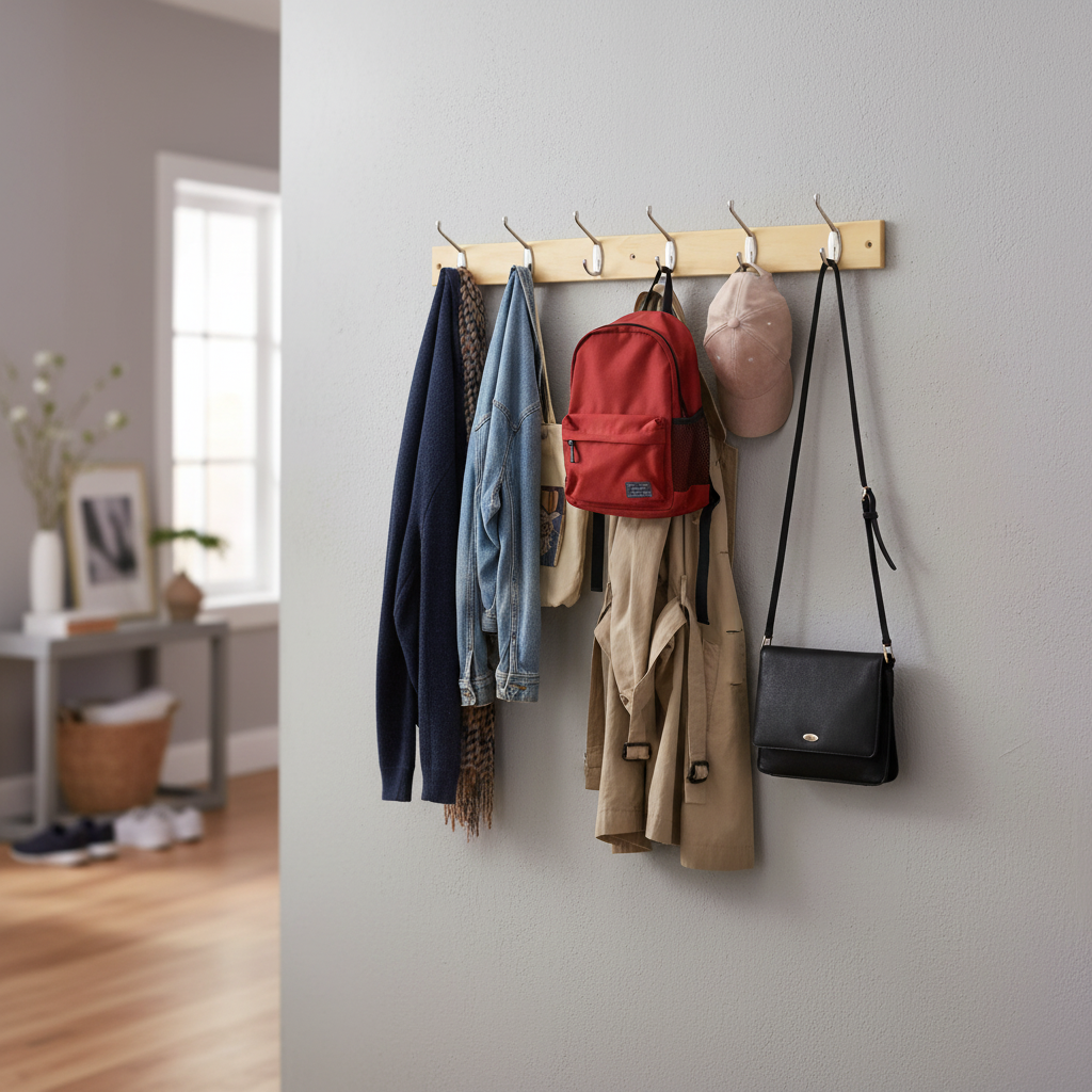 Premium 6-Hook Wall-Mounted Coat Rack - Stylish Pine Board with Double Chrome Hooks for Organized Living Spaces