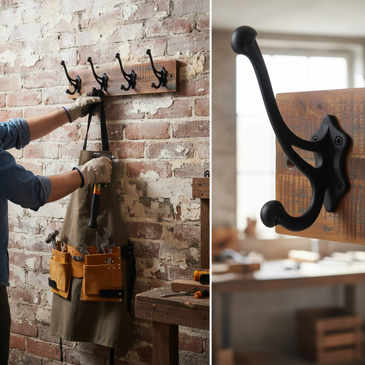 Premium Rustic Wall-Mounted Coat Rack with 4 Heavy-Duty Gothic Iron Hooks, 54cm Wide and 11cm Tall for Entryway Organization