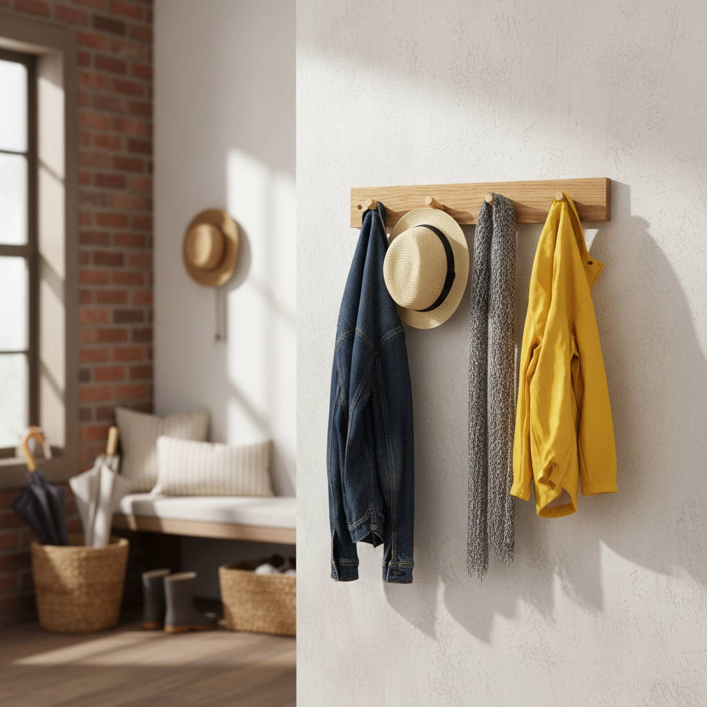 Premium Wooden Coat Hook Rack 46cm Wall-Mounted with 4 Sturdy Hooks for Coats, Jackets, and Bags