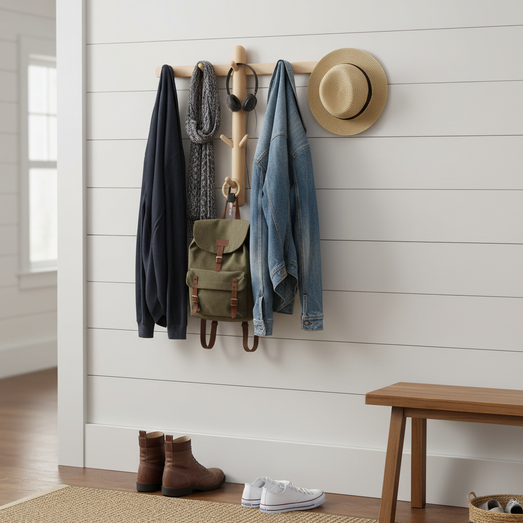 Premium Wall Mounted Coat Rack with 8 Wooden Hooks - Scandinavian Design for Hallway and Bedroom Storage