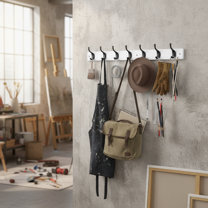 Premium White Wooden Wall Mounted Coat Rack with Black Modern Double Hooks - 6 Hooks for Home Organization