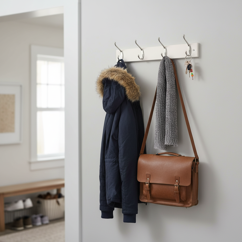 4-Hook Wall Mounted Coat Rack - 450mm White Board with Double Chrome Hooks