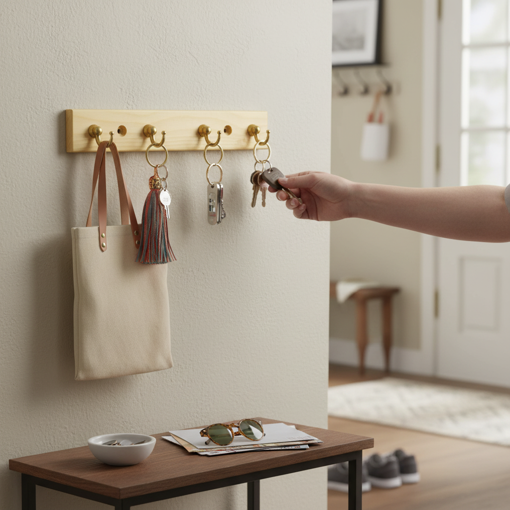 4-Hook Wall-Mounted Key Tidy Holder for Entryway and Hallway - Heavy Duty Pine