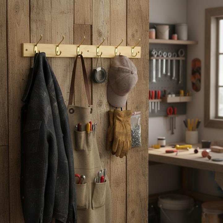 Premium 6-Hook Wall Mounted Coat Rack - 690mm Solid Pine Board with Double Brass Hooks for Elegant Home Storage