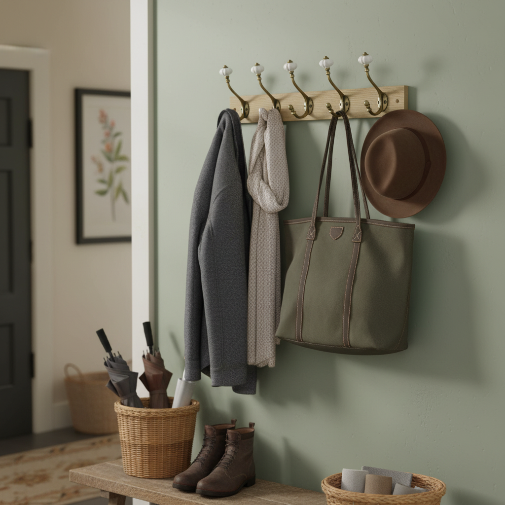 Premium Victorian-Style Wall-Mounted Coat Hook Rail with 4 Wooden and Ceramic Hooks, 46cm Length for Coats and Towels