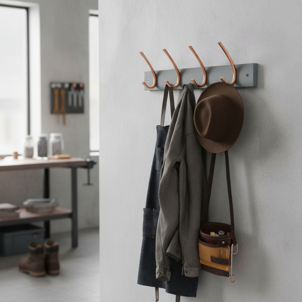 4 Heavy Duty Ribbed Double Hooks - Wall Mounted Coat Rack on Grey Board