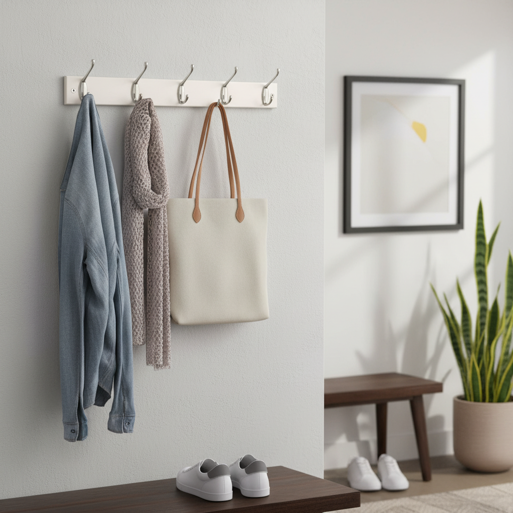 4-Hook Wall Mounted Coat Rack - 450mm White Board with Double Chrome Hooks