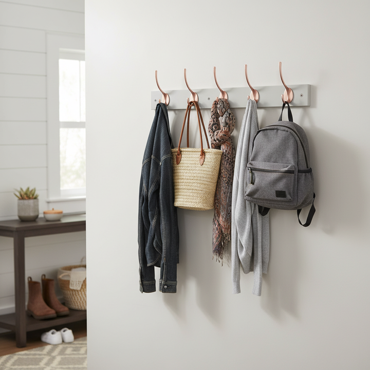 Premium Wall Mounted Coat Rack with 6 Double Hooks in Dove Grey - Strong Metal Construction for Stylish Organization