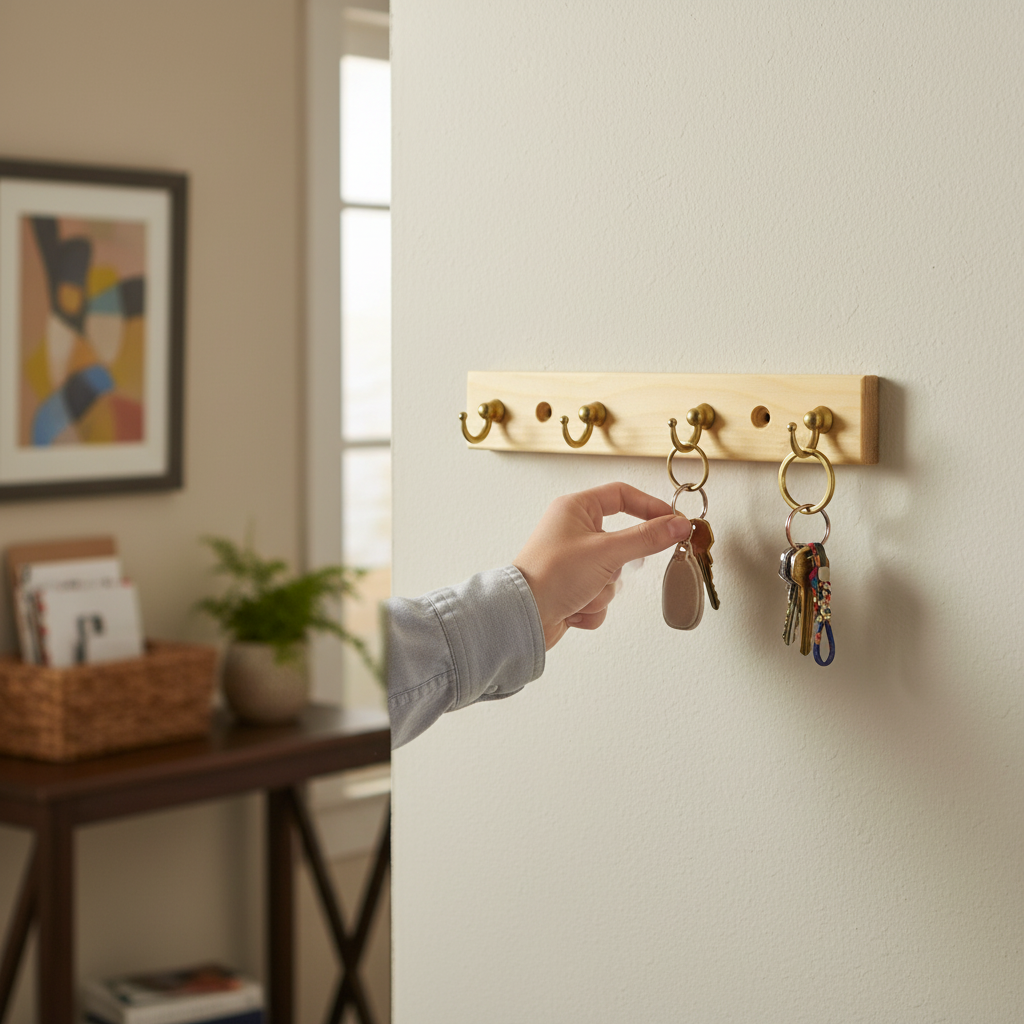 4-Hook Wall-Mounted Key Tidy Holder for Entryway and Hallway - Heavy Duty Pine