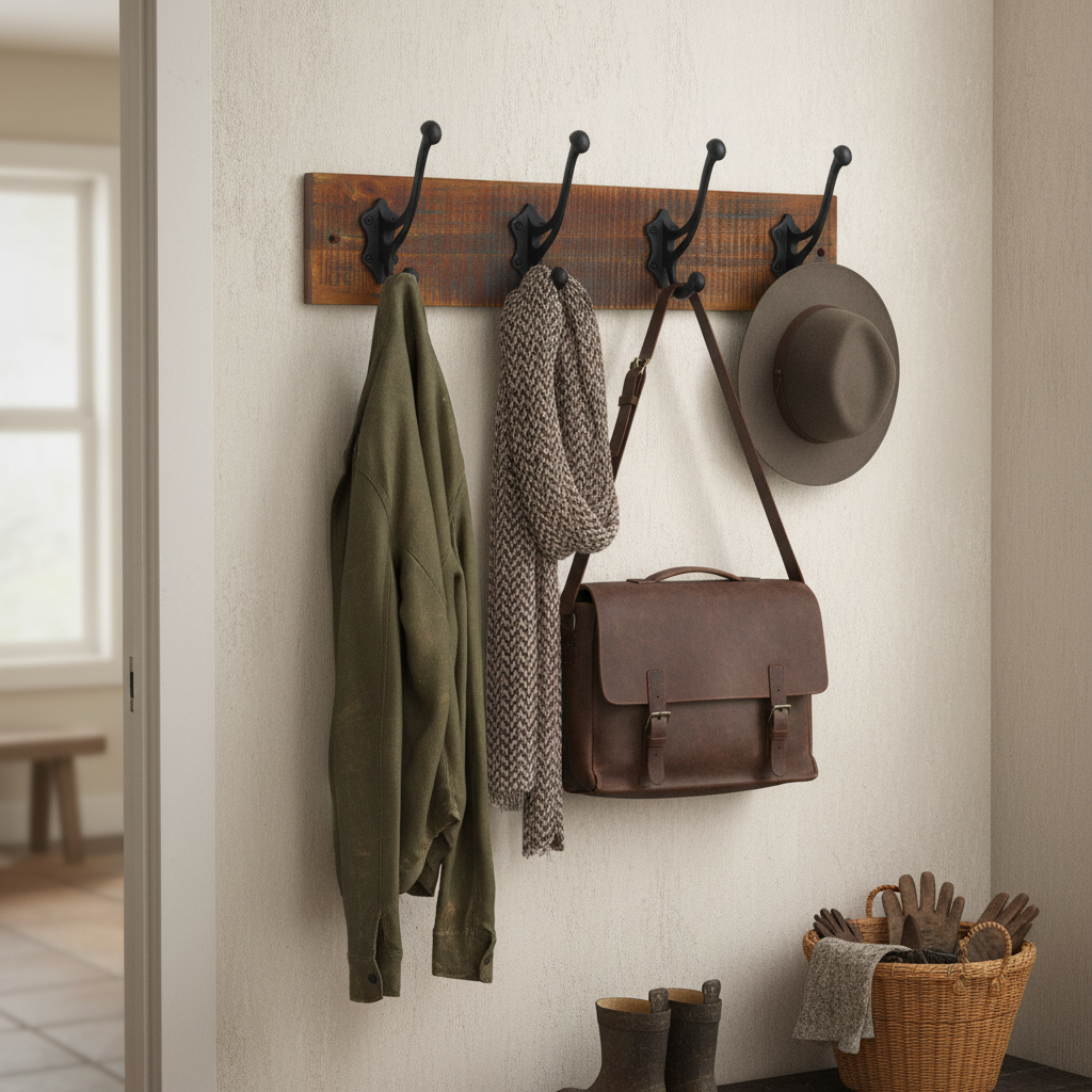 Premium Rustic Wall-Mounted Coat Rack with 4 Heavy-Duty Gothic Iron Hooks, 54cm Wide and 11cm Tall for Entryway Organization