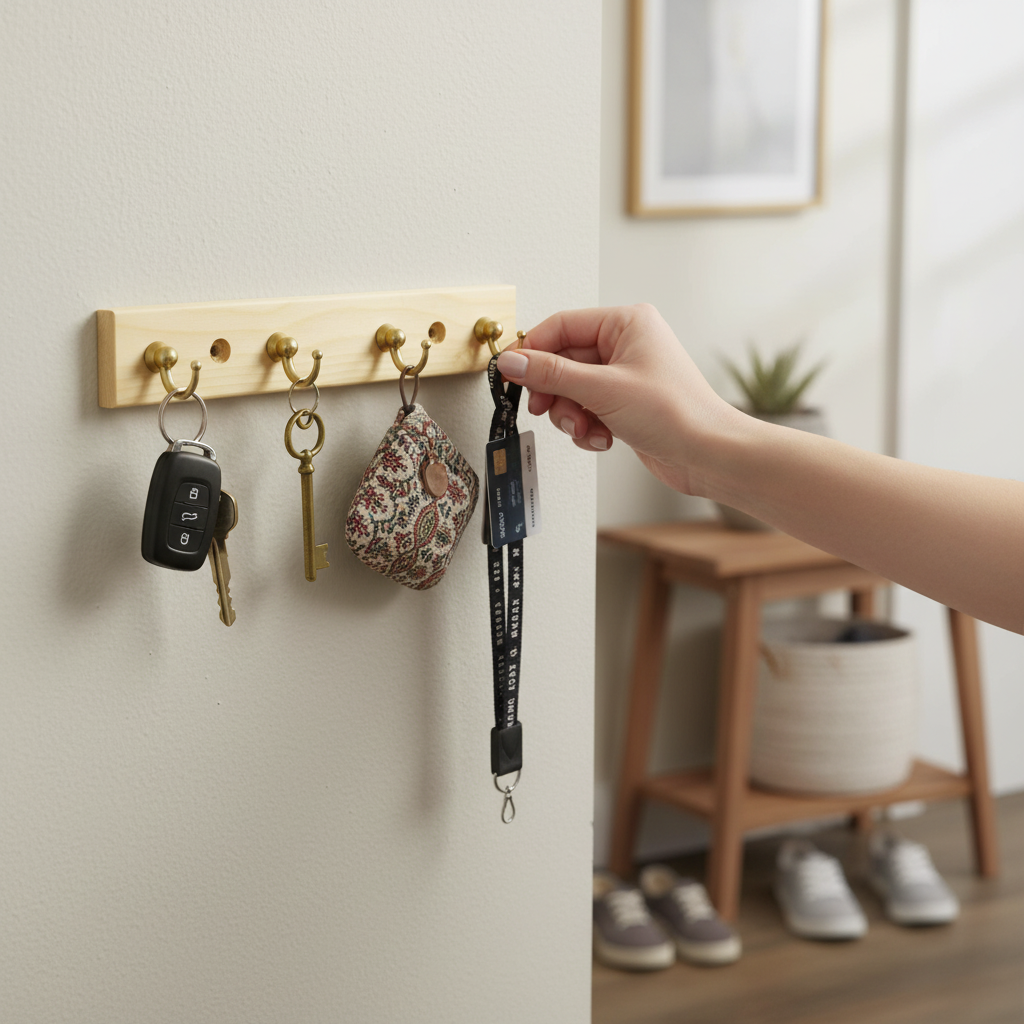 Premium Wall-Mounted Key Holder with 4 Hooks, Pine or Mahogany Effect, Lightweight and Eco-Friendly Design for Organizing Keys and Small Items